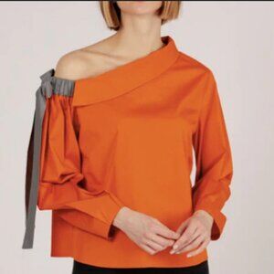 Harshman Blouse Liana Burnt Orange Tie Bow Off One Shoulder Poplin Fall Casual